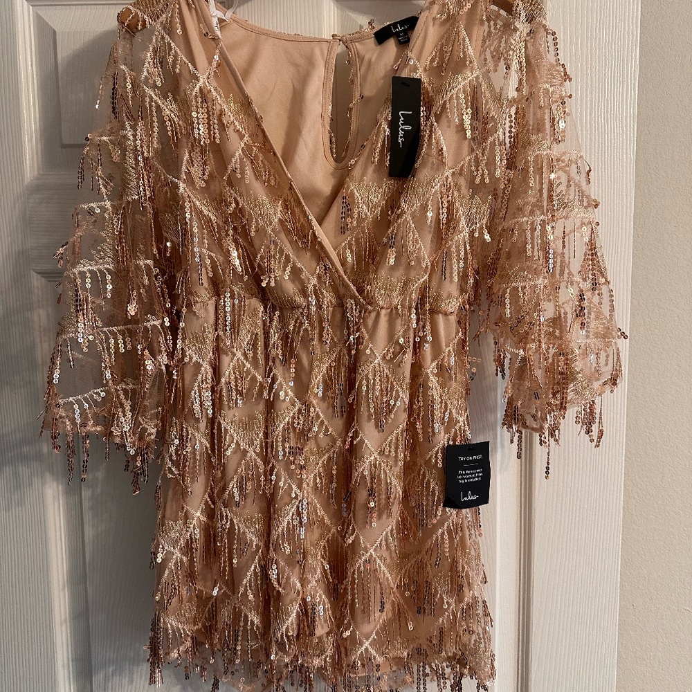 Sweet Sparkles Rose Gold Sequin Fringe Embroidered Romper NWT